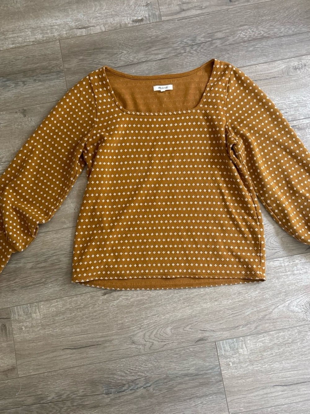 Madewell Mustard Square-Neck Puff Sleeve Top with Tiny White Dots